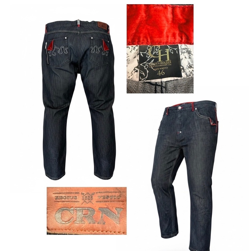 Crown Holder CRN Mens Black Red Velvet Trim Embroidered Straight Leg Jeans 46X33